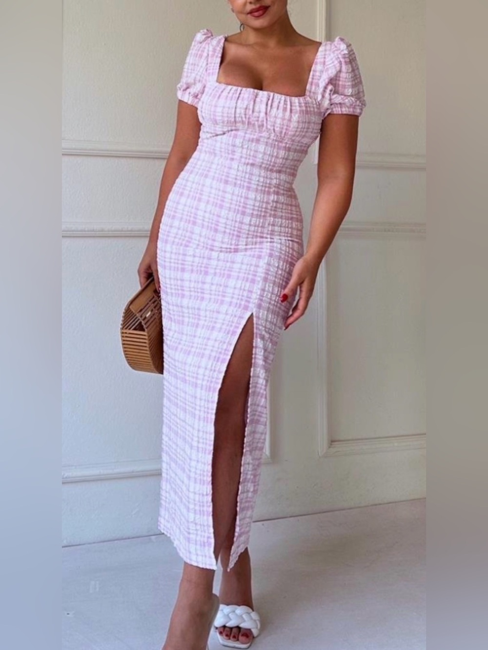 Zara Pink Plaid Square-Neck Maxi Dress with Side Slit